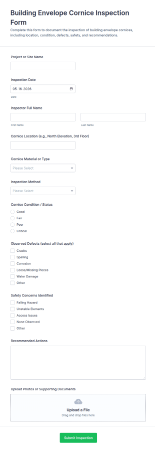 Building Envelope Cornice Inspection Form Template
