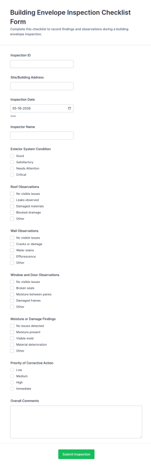 Building Envelope Inspection Checklist Form Template