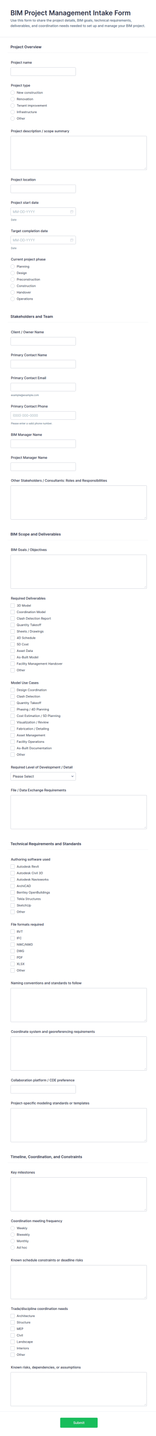 Building Information Modeling (BIM) Project Management Intake Form Template