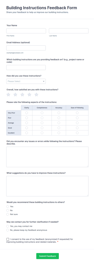 Building Instructions Feedback Form Template