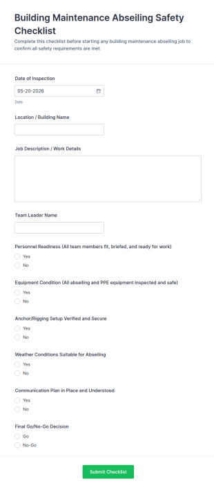 Building Maintenance Abseiling Safety Checklist Form Template