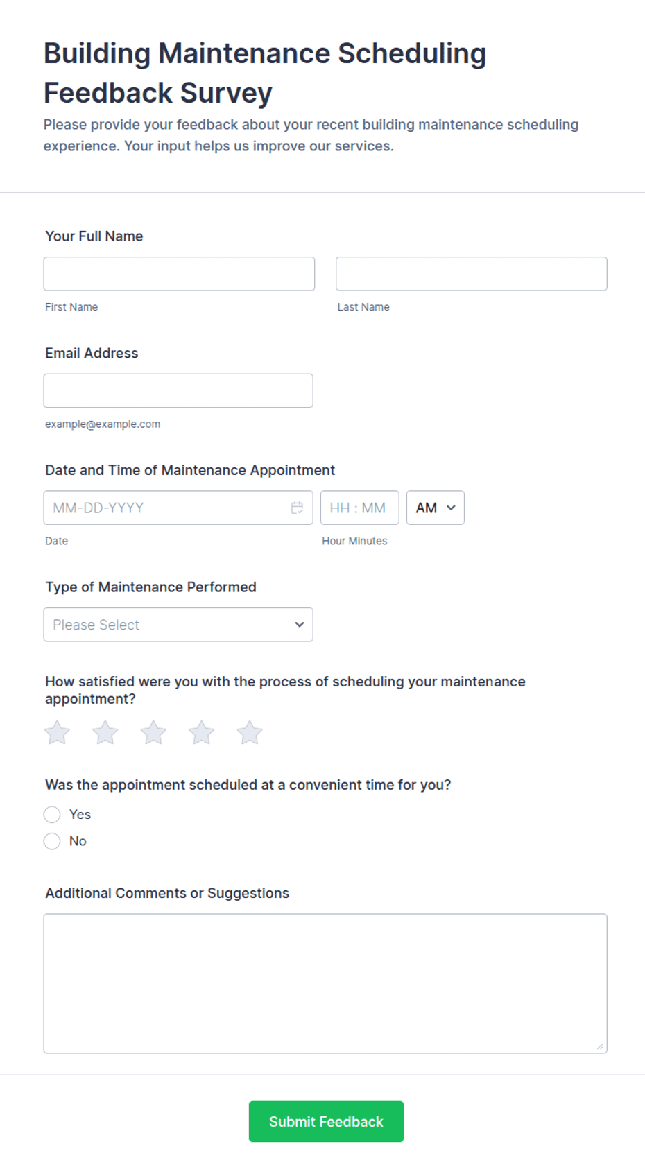 Routine Building Questionnaire Building Maintenance Scheduling Feedback Survey Form Template | Jotform