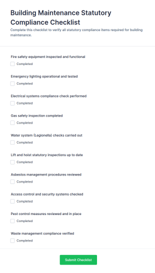 Building Maintenance Statutory Compliance Checklist Form Template