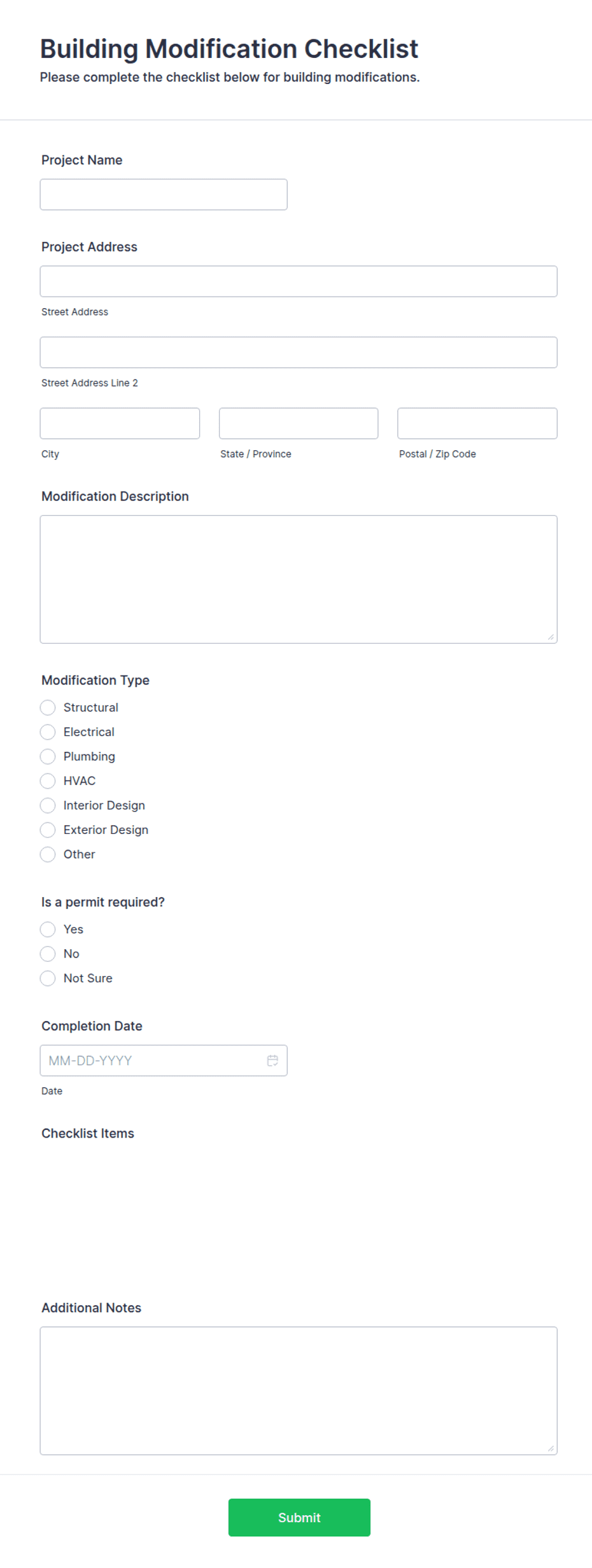 Building Modification Checklist Form Template | Jotform