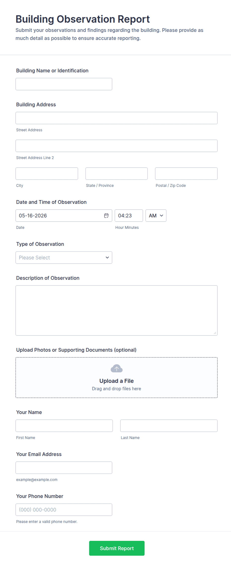 Structural Observation Report Sample Building Observation Report Form Template | Jotform