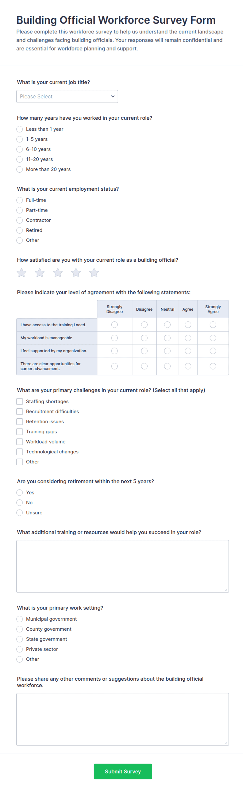 Building Official Workforce Survey Form Template | Jotform
