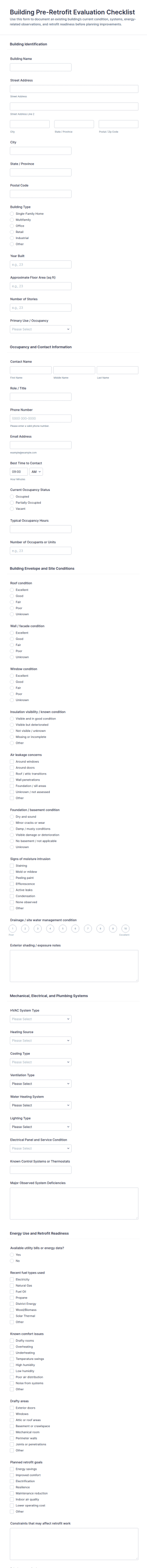 Building Pre Retrofit Evaluation Checklist Form Template