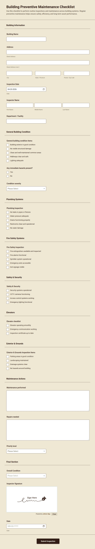 Building Preventive Maintenance Checklist Form Template
