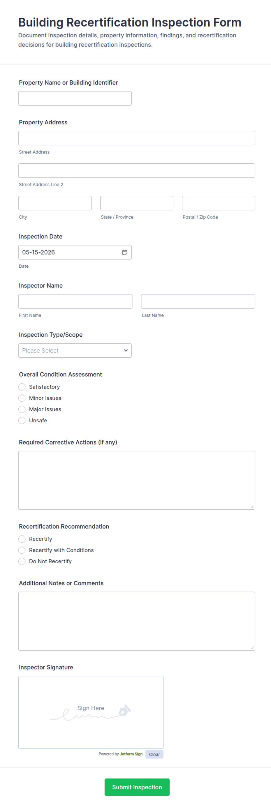 Building Recertification Inspection Form Template | Jotform
