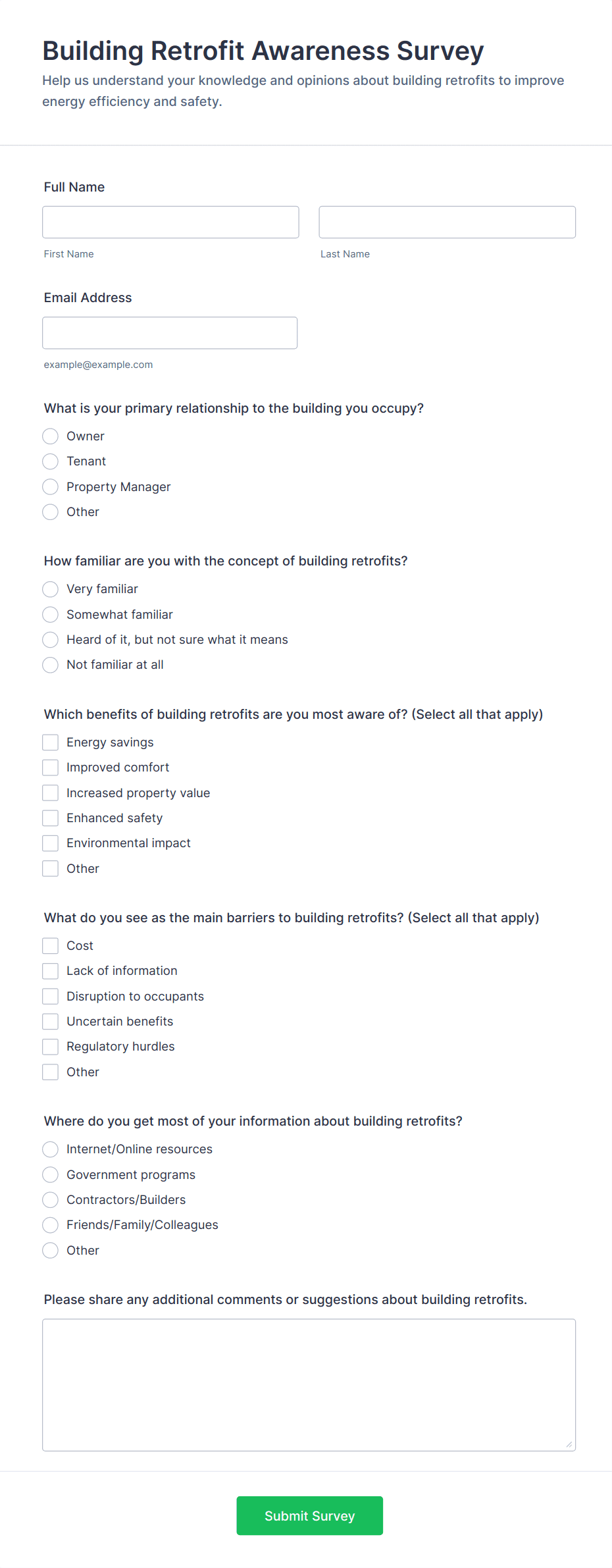 Building Retrofit Awareness Survey Form Template | Jotform