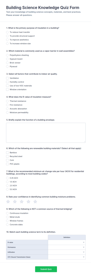 Building Science Knowledge Quiz Form Template