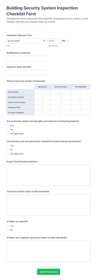 Building Security System Inspection Checklist Form Template