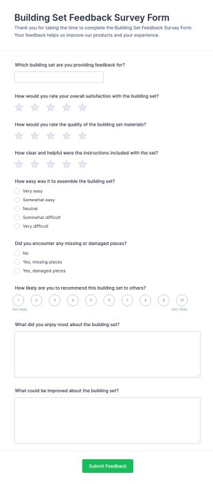 Building Set Feedback Survey Form Template