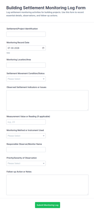 Building Settlement Monitoring Log Form Template