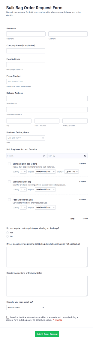 Bulk Bag Order Request Form Template