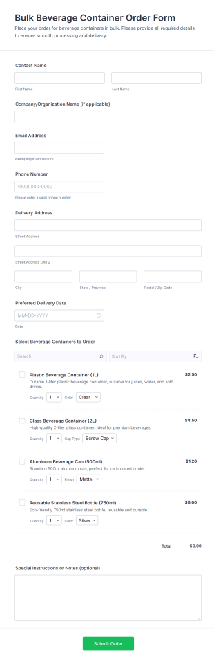 Bulk Beverage Container Order Form Template