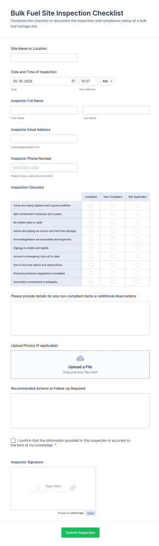 Bulk Fuel Site Inspection Checklist Form Template