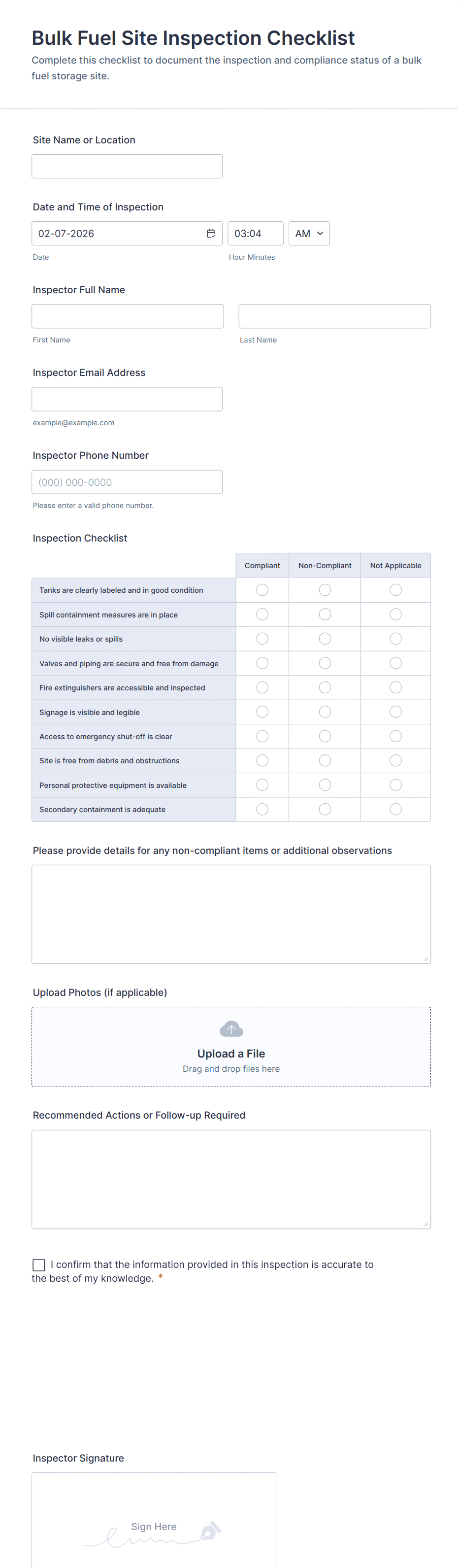 Bulk Fuel Site Inspection Checklist Form Template | Jotform