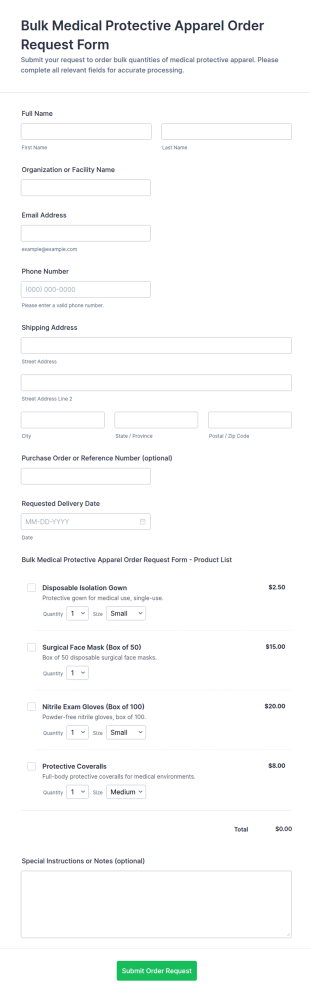 Bulk Medical Protective Apparel Order Request Form Template