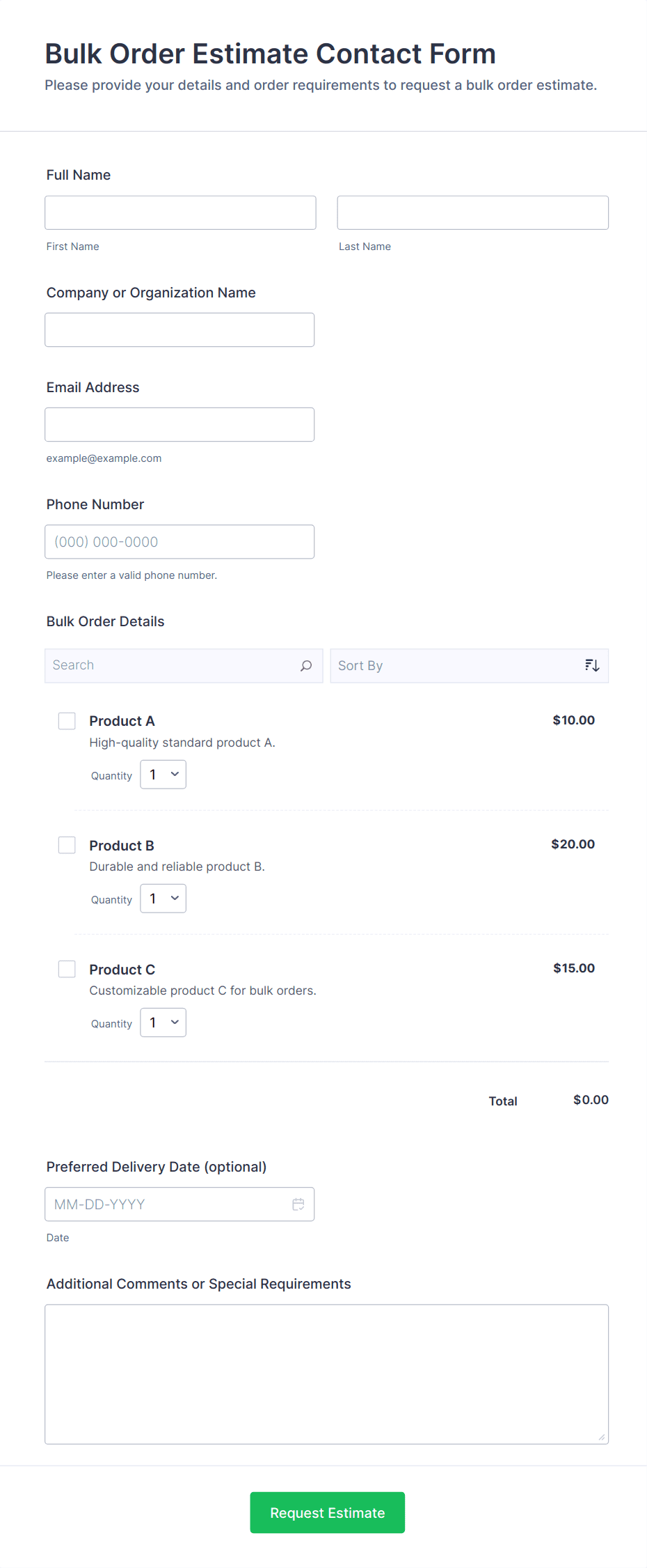 Bulk Order Estimate Contact Form Template | Jotform