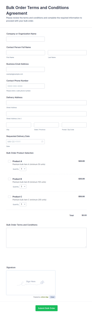 Bulk Order Terms And Conditions Agreement Form Template