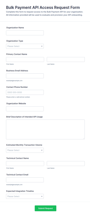 Bulk Payment API Access Request Form Template
