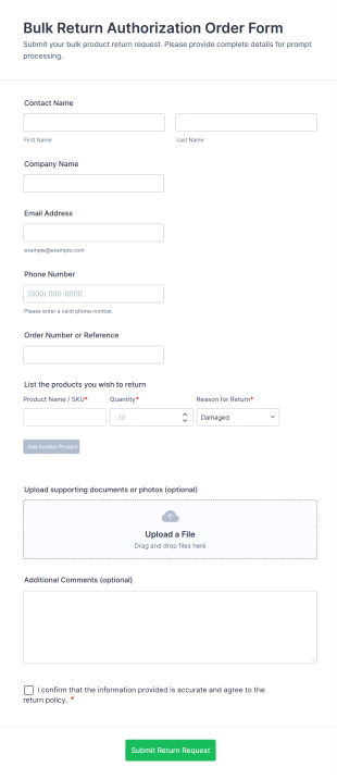 Bulk Return Authorization Order Form Template