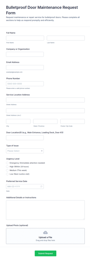 Bulletproof Door Maintenance Request Form Template