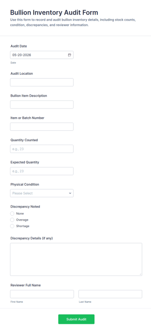 Bullion Inventory Audit Form Template