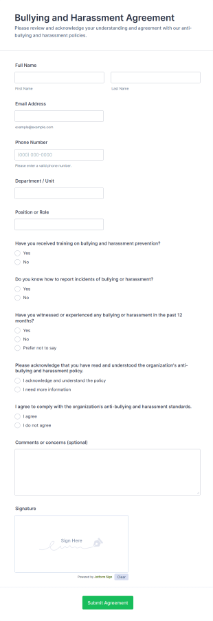 Bullying And Harassment Agreement Form Template