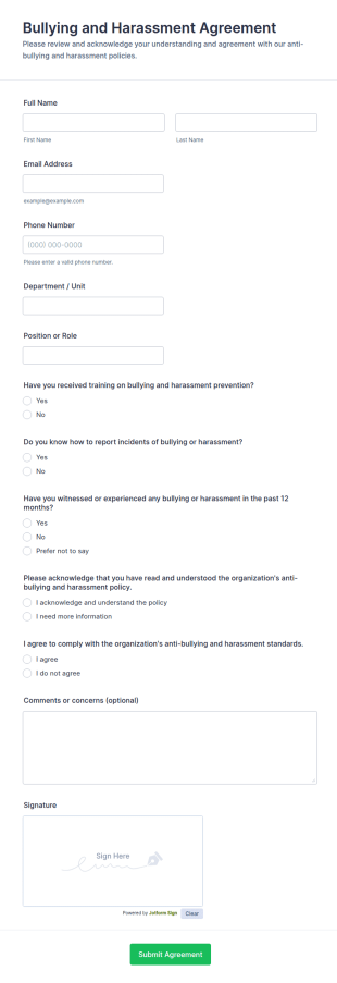 Bullying And Harassment Agreement Form Template