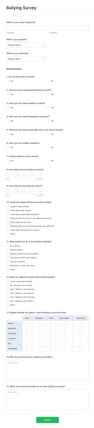 Bullying Survey Form Template