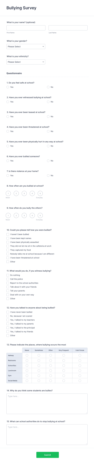 Bullying Survey Form Template