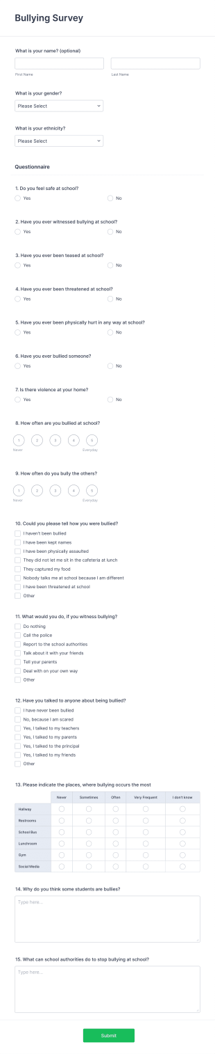 survey questions about homework Bullying Survey Form Template