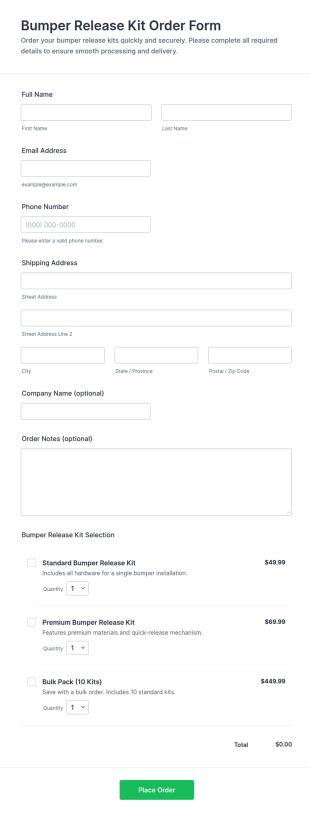 Bumper Release Kit Order Form Template