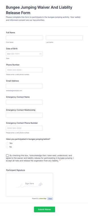 Bungee Jumping Waiver And Liability Release Form Template