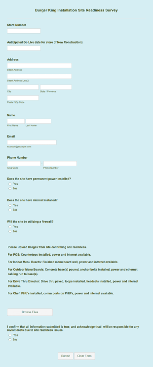 Burger King Installation Site Readiness Survey Form Template