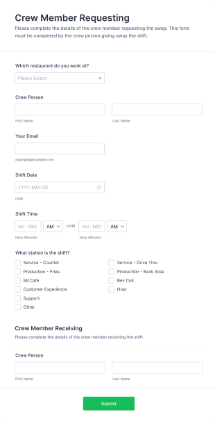 Burger Restaurant Shift Swap Request Form Template