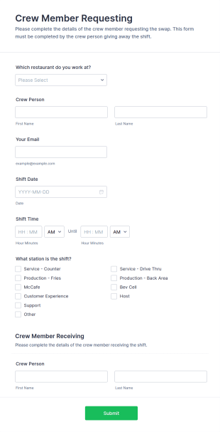 Burger Restaurant Shift Swap Request Form Template