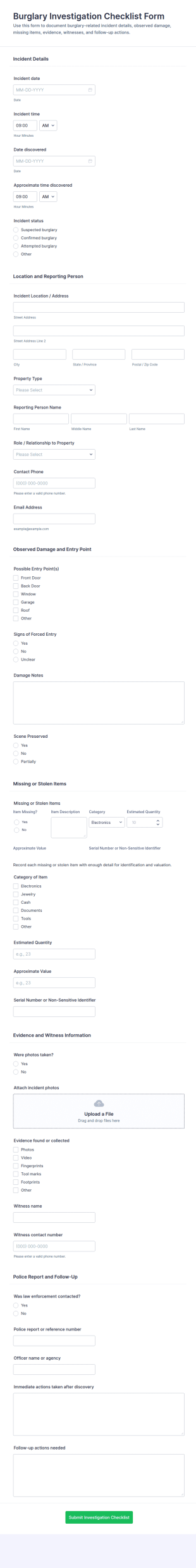 Burglary Investigation Checklist Form Template