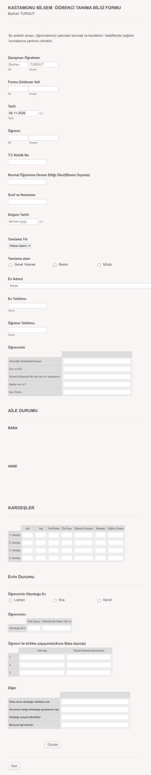 Burhan Turgut Öğrenci Tanıma Form Şablonu