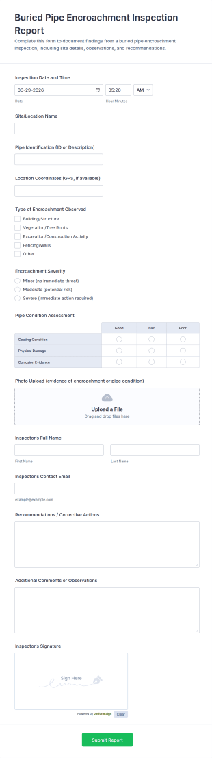 Buried Pipe Encroachment Inspection Report Form Template