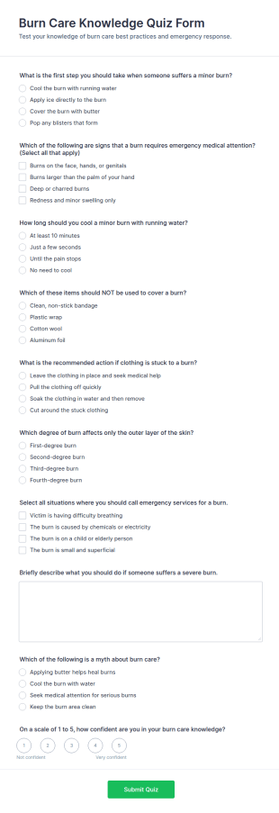 Burn Care Knowledge Quiz Form Template