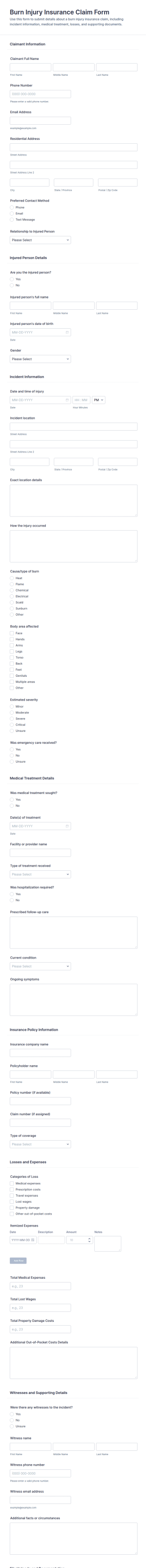 Burn Injury Insurance Claim Form Template