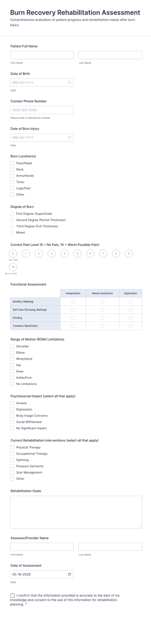 Burn Recovery Rehabilitation Assessment Form Template