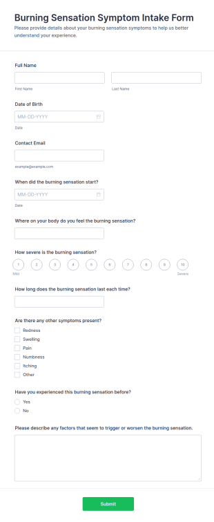 Burning Sensation Symptom Intake Form Template