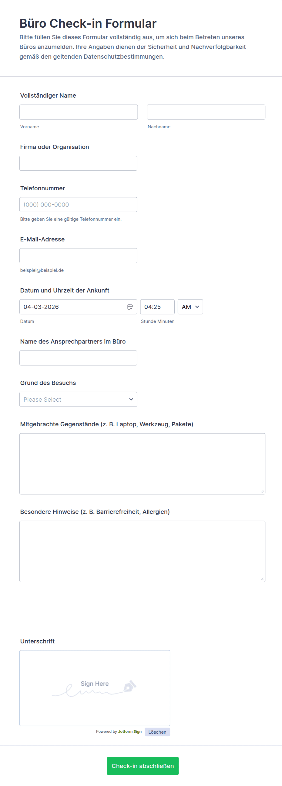 Büro-Eincheck-Formular | Jotform