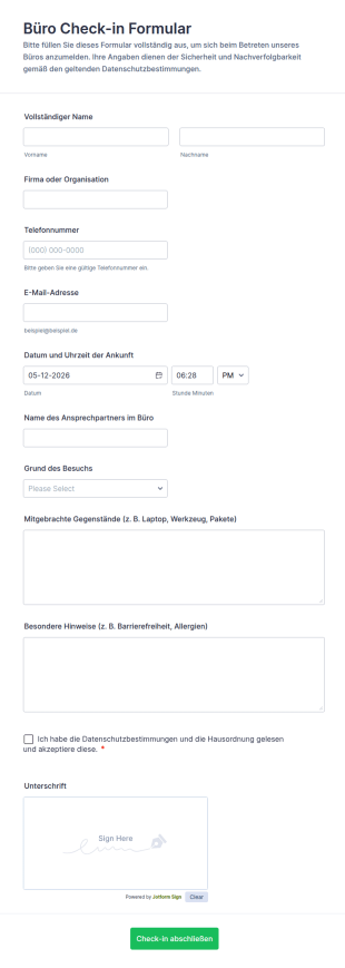 Büro Eincheck Formular