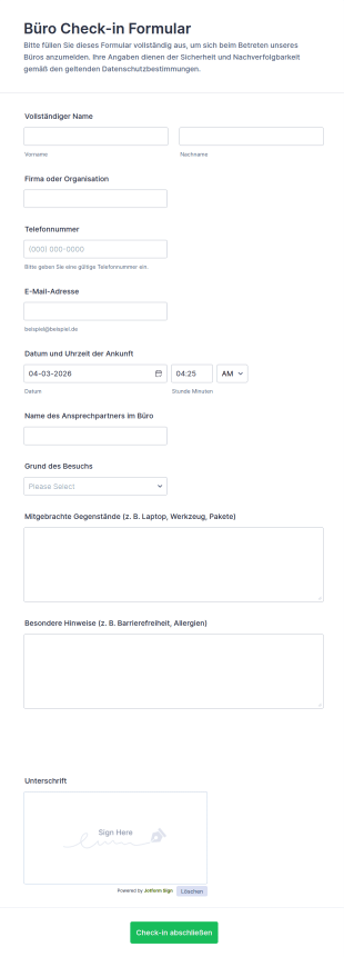 Büro Eincheck Formular