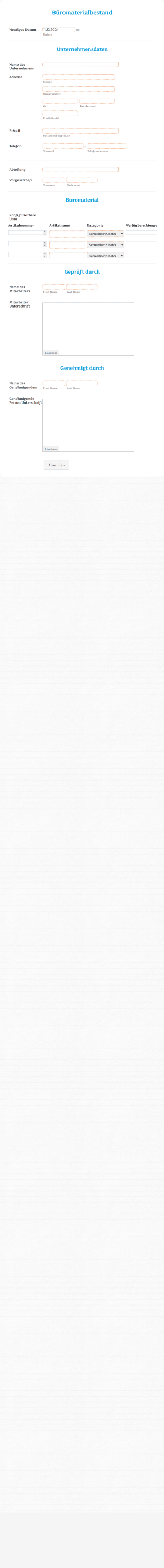 Büromaterialbestand Form Template